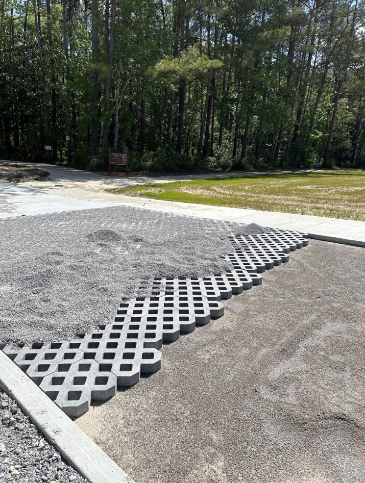 Chickasabogue Park's new parking areas are made with pervious pavers, which is more environmentally friendly than blacktop